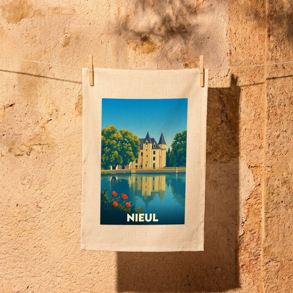 Torchon souvenir de la ville de Nieul avec une illustration stylisée d'un château se reflétant dans l'eau.