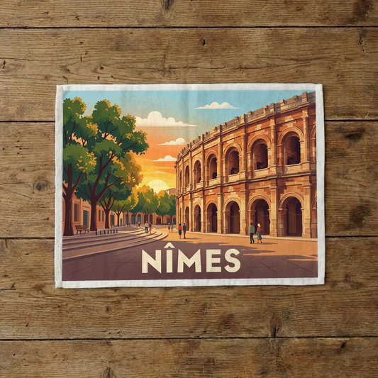 Torchon souvenir de Nîmes illustrant ses célèbres arènes dans un style graphique et coloré.