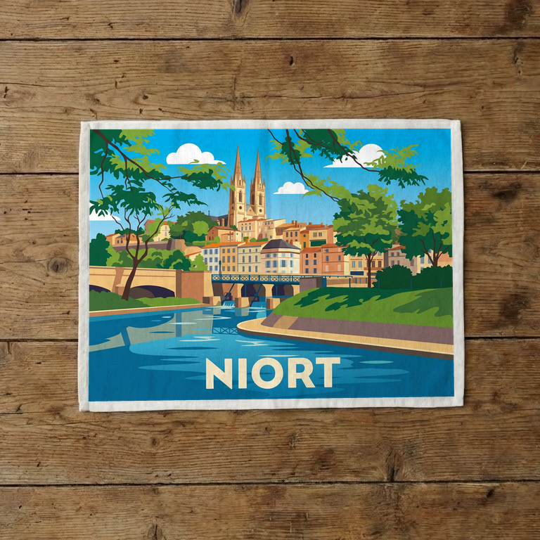 Torchon souvenir de la ville de Niort avec une illustration stylisée.