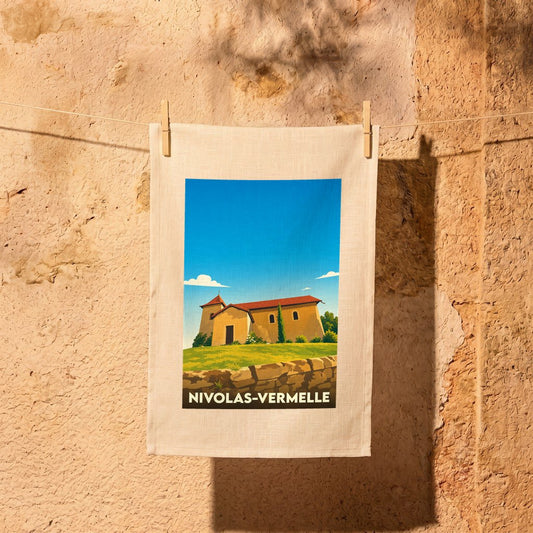 Torchon de cuisine en lin présentant une illustration stylisée de la ville de Nivolas-Vermelle.