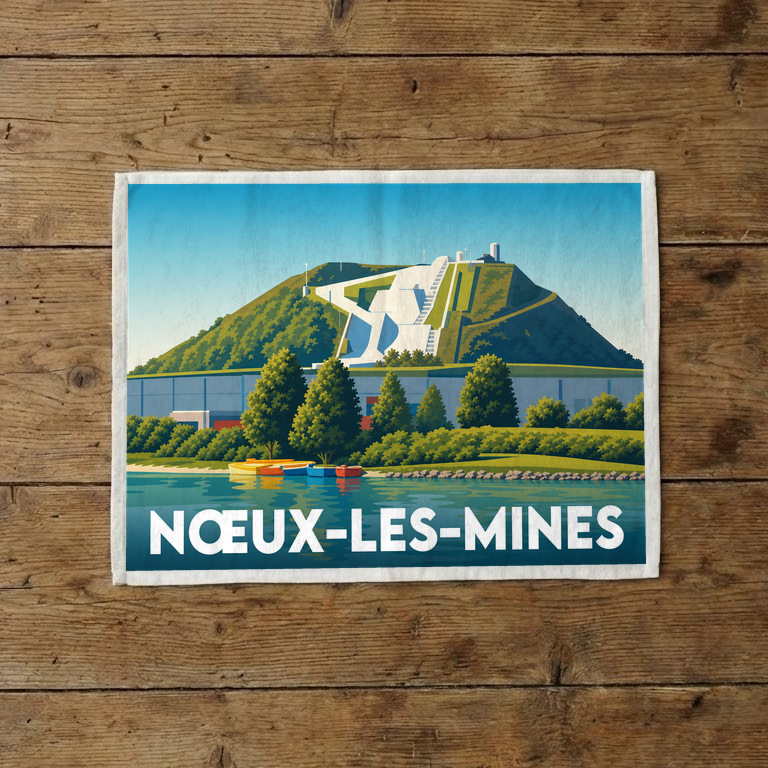 Torchon souvenir de la ville de Nœux-les-Mines avec une illustration stylisée de son terril et de sa piste de ski.