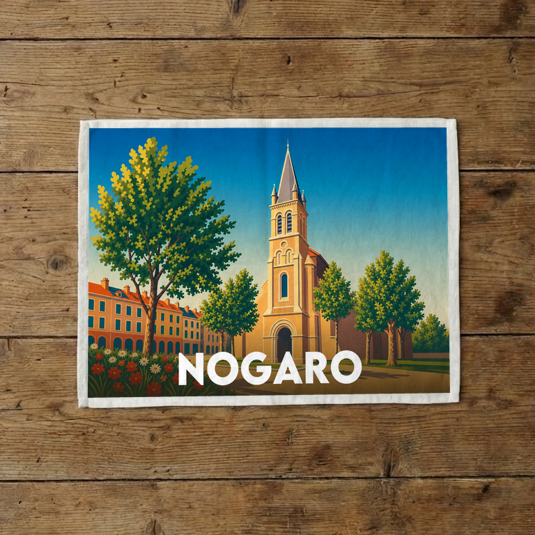 Torchon souvenir de la ville de Nogaro avec une illustration stylisée de son église et de son paysage urbain.