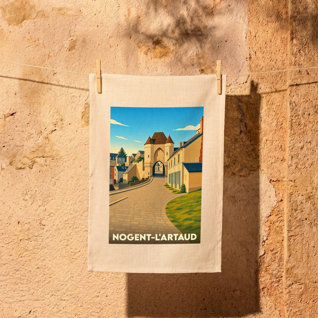 Torchon souvenir de la ville de Nogent-l'Artaud avec une illustration stylisée.