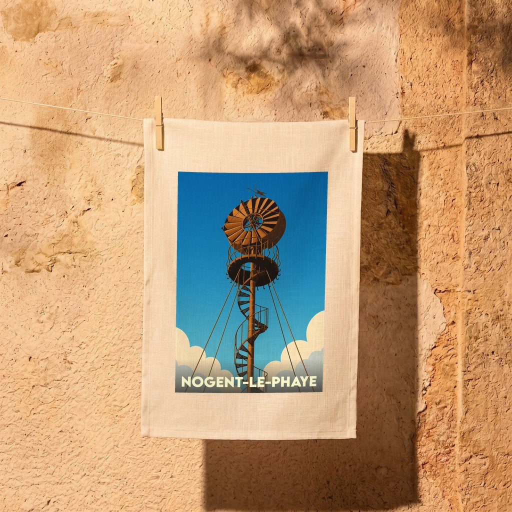 Torchon souvenir de la ville de Nogent-le-Phaye orné d'une illustration stylisée de son éolienne Bollée.