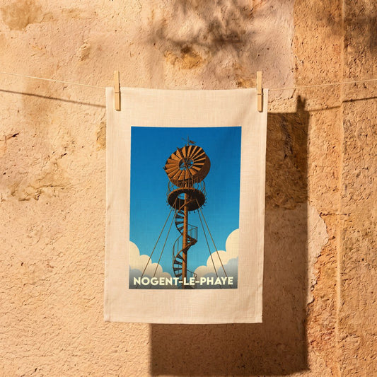 Torchon souvenir de la ville de Nogent-le-Phaye orné d'une illustration stylisée de son éolienne Bollée.