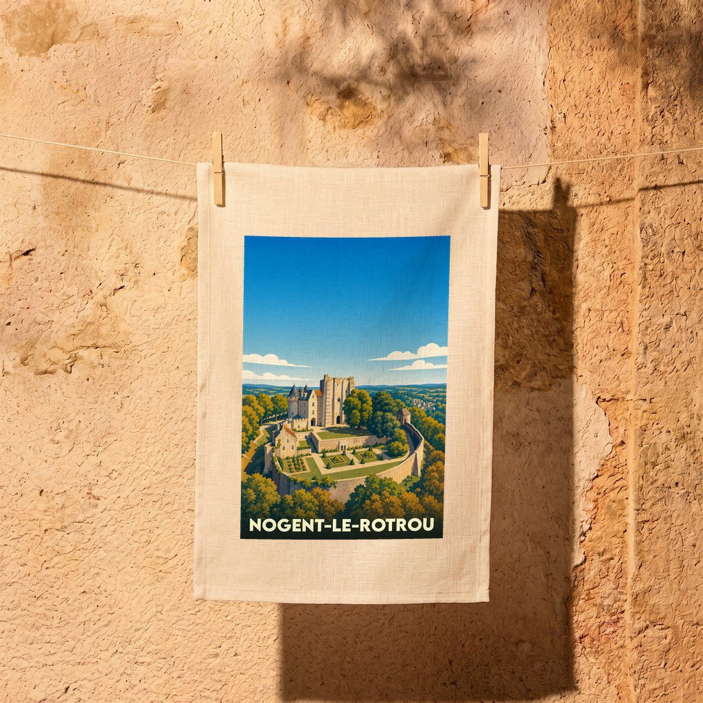 Torchon souvenir de la ville de Nogent-le-Rotrou avec une illustration stylisée de son château médiéval.