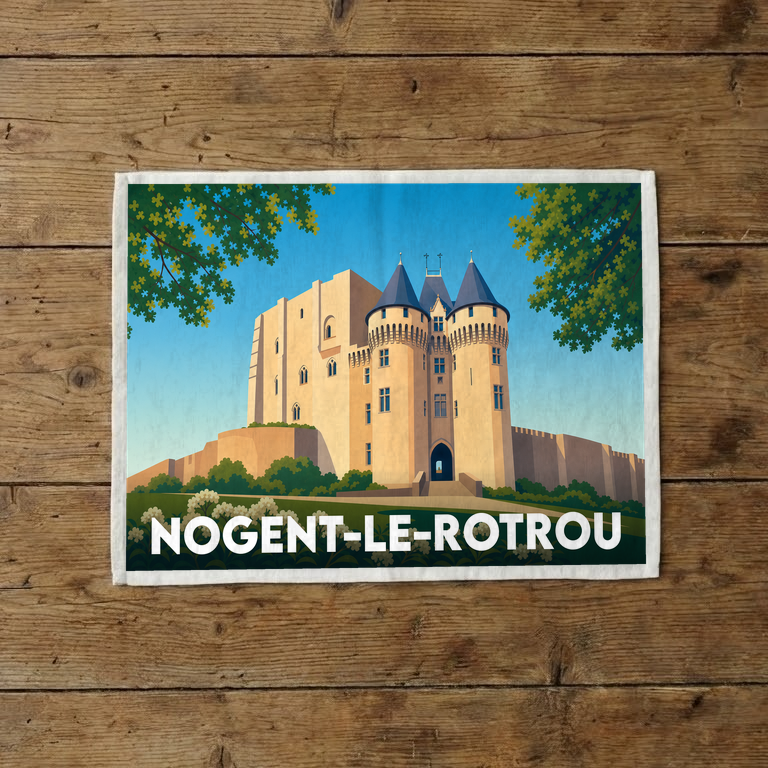 Torchon souvenir de la ville de Nogent-le-Rotrou avec une illustration stylisée du château Saint-Jean.