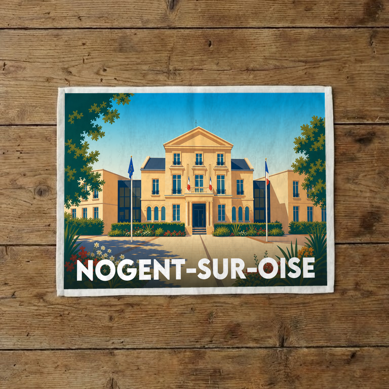 Torchon souvenir de la ville de Nogent-sur-Oise avec une illustration stylisée de son hôtel de ville.