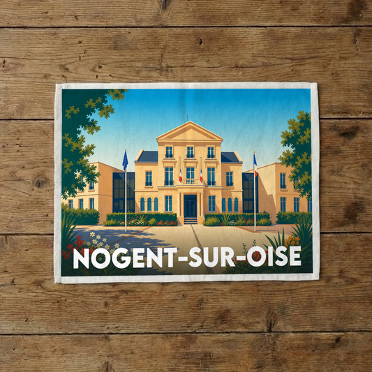 Torchon souvenir de la ville de Nogent-sur-Oise avec une illustration stylisée de son hôtel de ville.