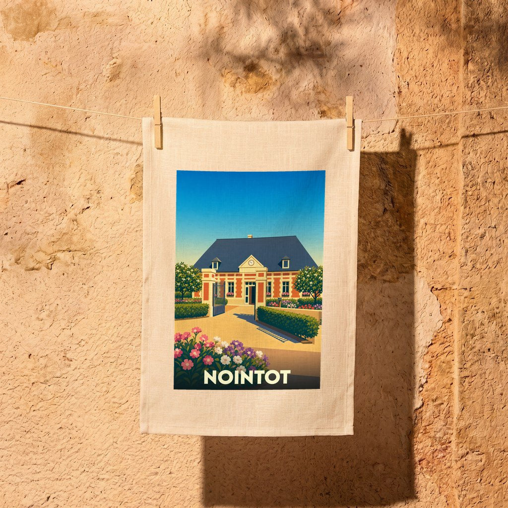 Torchon souvenir de la ville de Nointot avec une illustration stylisée.