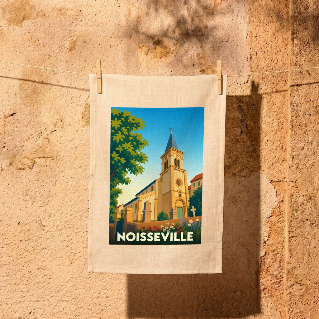 Torchon souvenir de la ville de Noisseville avec une illustration stylisée de son église.