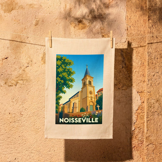 Torchon souvenir de la ville de Noisseville avec une illustration stylisée de son église.