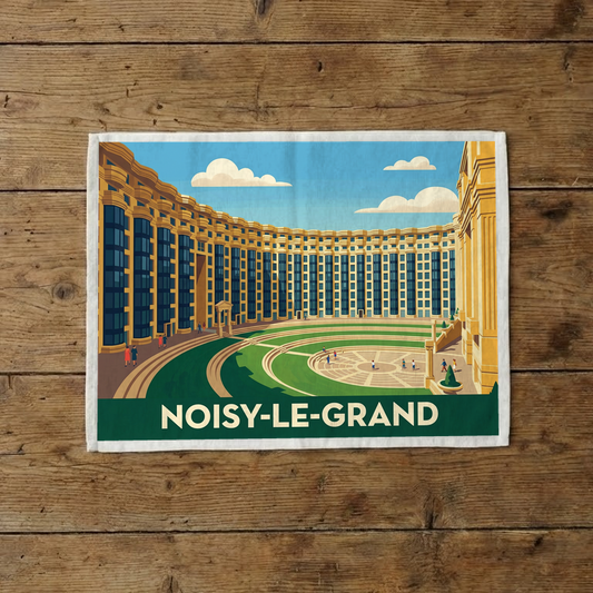 Torchon souvenir de la ville de Noisy-le-Grand avec une illustration stylisée de son architecture.