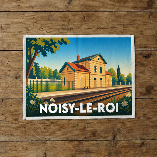 Torchon souvenir de la ville de Noisy-le-Roi avec une illustration stylisée de sa gare ferroviaire.