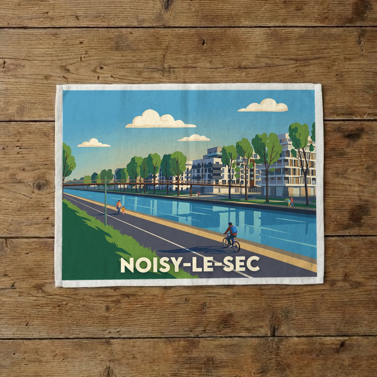 Torchon souvenir de la ville de Noisy-le-Sec avec une illustration stylisée.