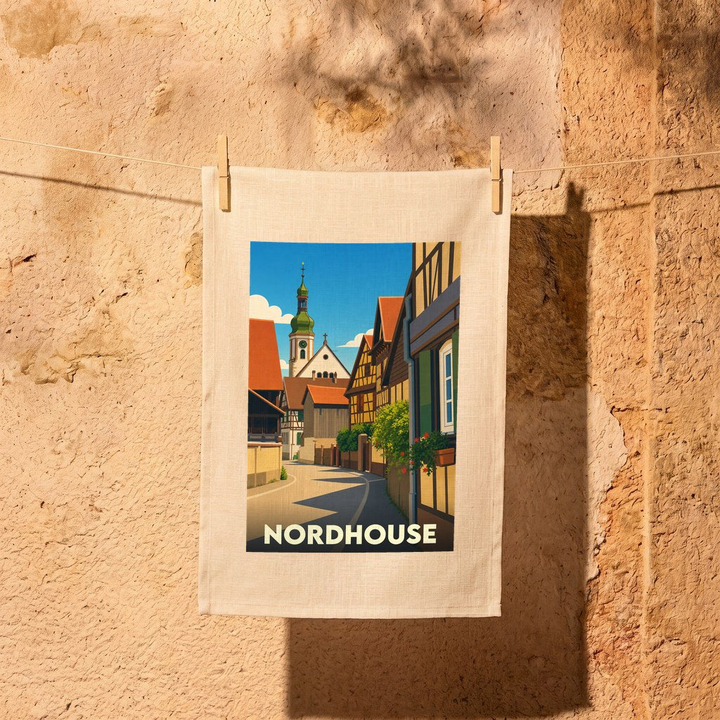 Torchon souvenir de la ville de Nordhouse illustré d'une rue pittoresque aux maisons à colombages.