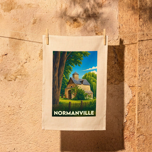 Torchon souvenir de la ville de Normanville orné d'une illustration bucolique stylisée.