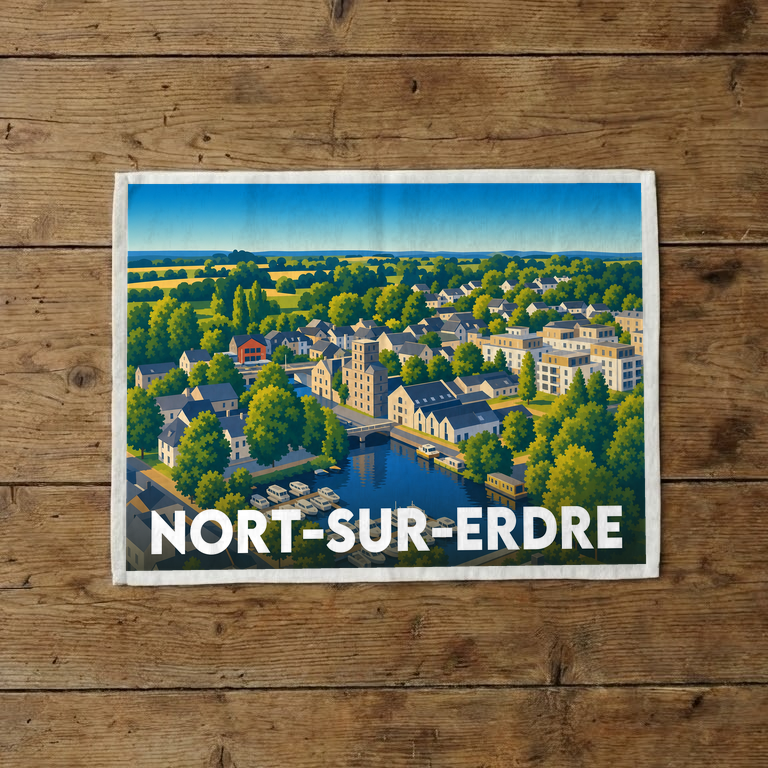 Torchon souvenir de la ville de Nort-sur-Erdre avec une illustration stylisée.
