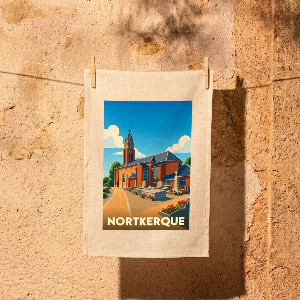 Torchon souvenir de la ville de Nortkerque avec une illustration stylisée d'une église sous un ciel bleu.