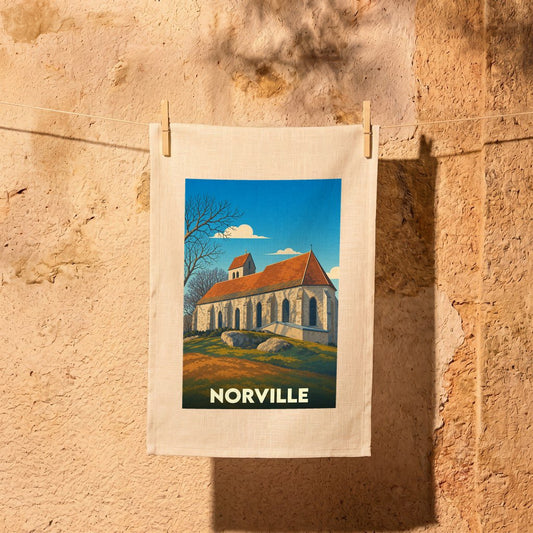Torchon souvenir de la ville de Norville avec une illustration stylisée d'une église ancienne.