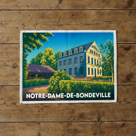 Torchon souvenir de la ville de Notre-Dame-de-Bondeville avec une illustration stylisée d'une grande bâtisse.