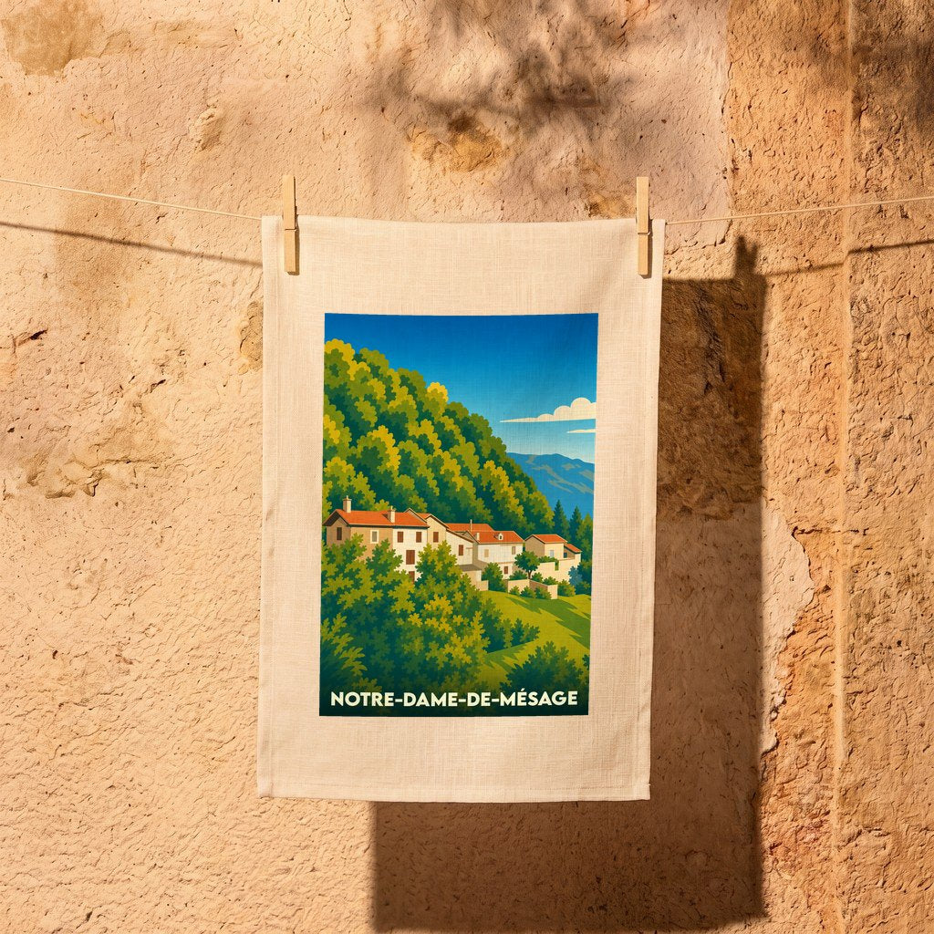 Torchon souvenir de la ville de Notre-Dame-de-Mésage avec une illustration stylisée d'un village à flanc de colline.