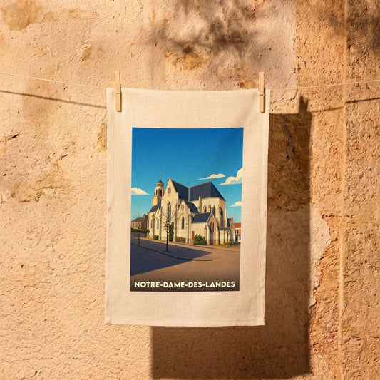 Torchon souvenir de la ville de Notre-Dame-des-Landes avec une illustration stylisée de son église.