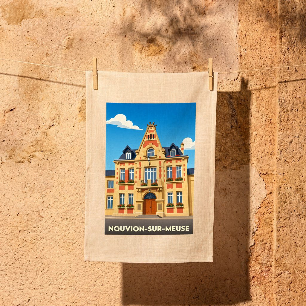 Torchon souvenir de la ville de Nouvion-sur-Meuse avec une illustration stylisée de sa mairie.