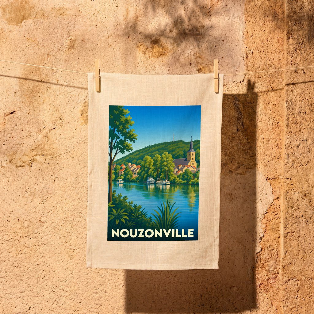 Torchon souvenir de la ville de Nouzonville avec une illustration stylisée d'un paysage fluvial.