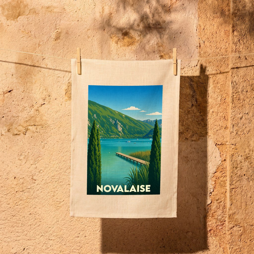 Torchon souvenir de la ville de Novalaise avec une illustration stylisée de son lac et de ses montagnes.