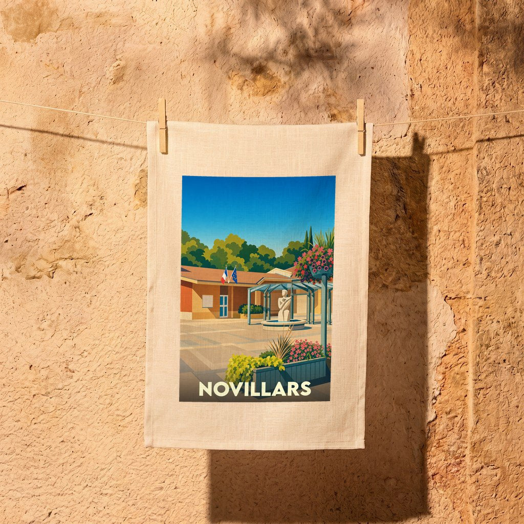 Torchon souvenir de la ville de Novillars avec une illustration stylisée d'une place ensoleillée.