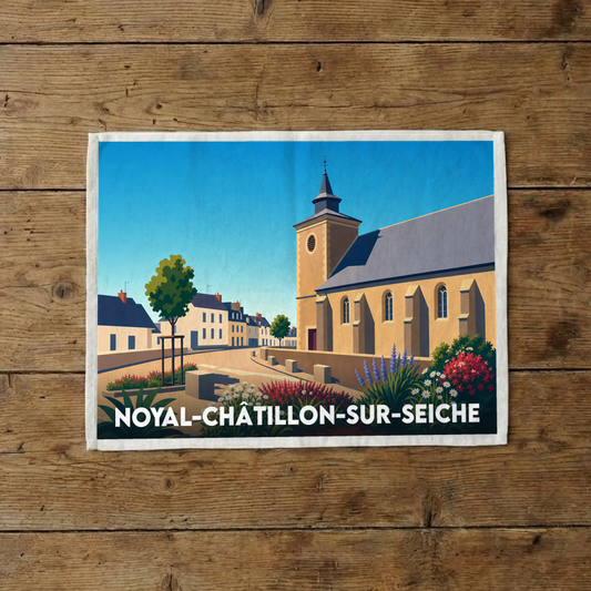 Torchon souvenir de la ville de Noyal-Châtillon-sur-Seiche avec une illustration stylisée de son église et de ses rues.