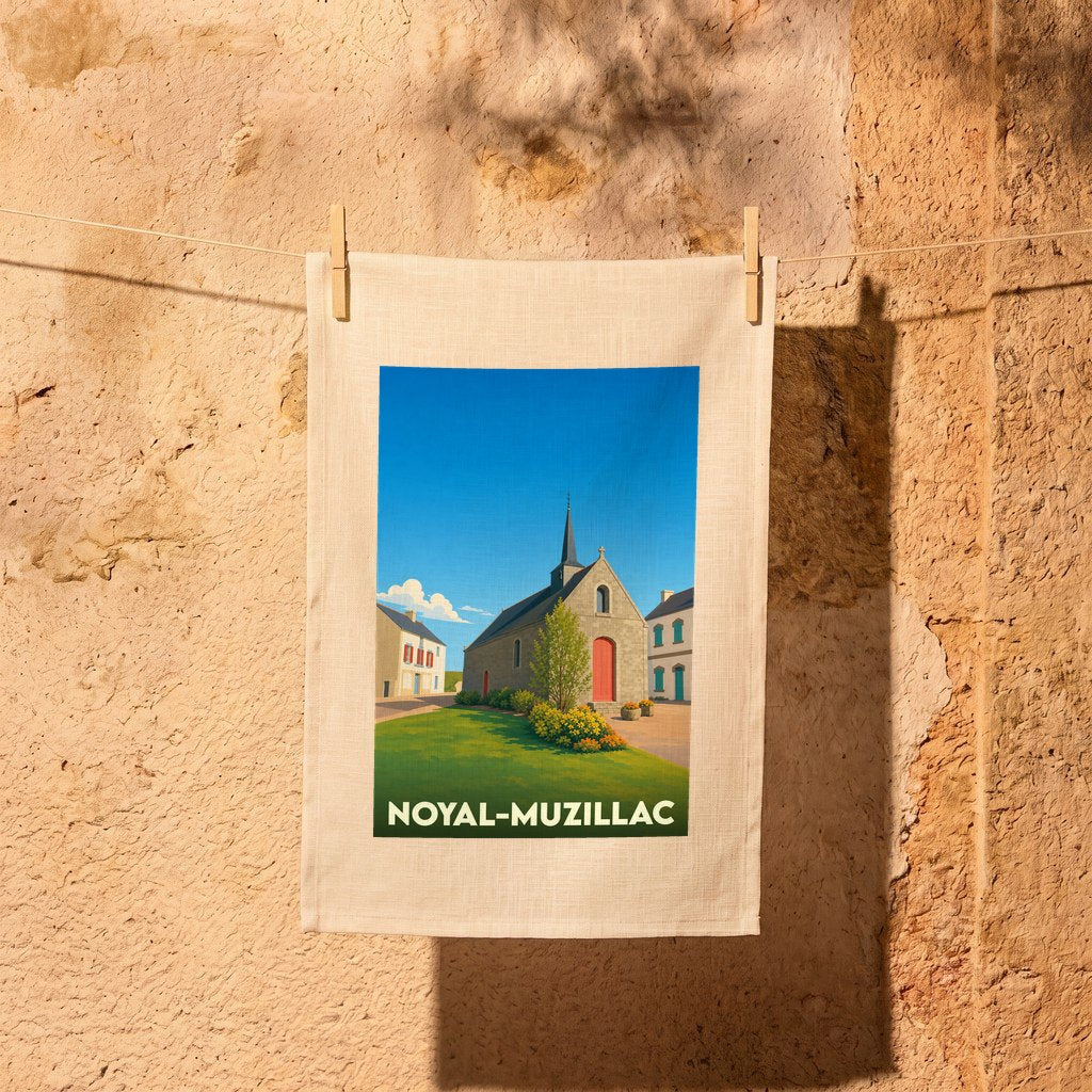Torchon souvenir de la ville de Noyal-Muzillac illustré d'une église typique sous un ciel bleu.