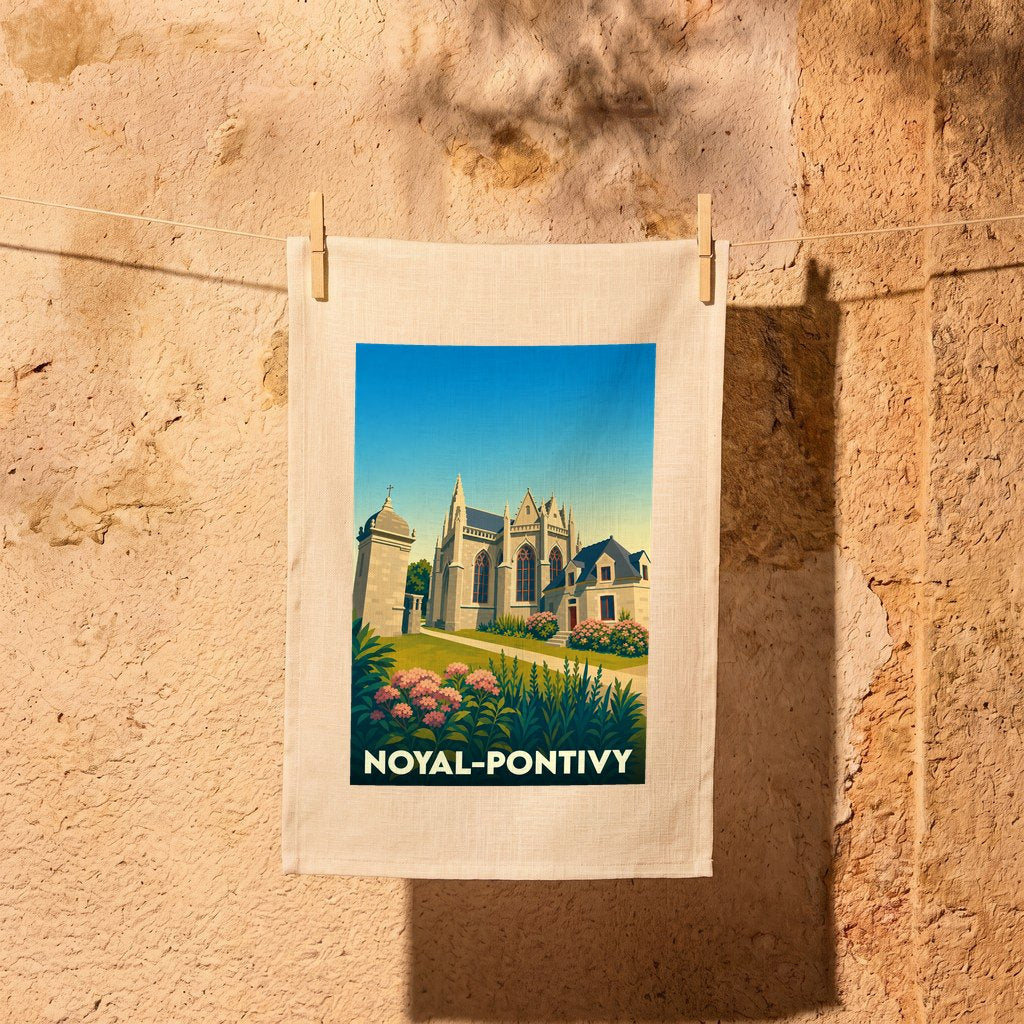 Torchon souvenir de la ville de Noyal-Pontivy avec une illustration stylisée de son église.