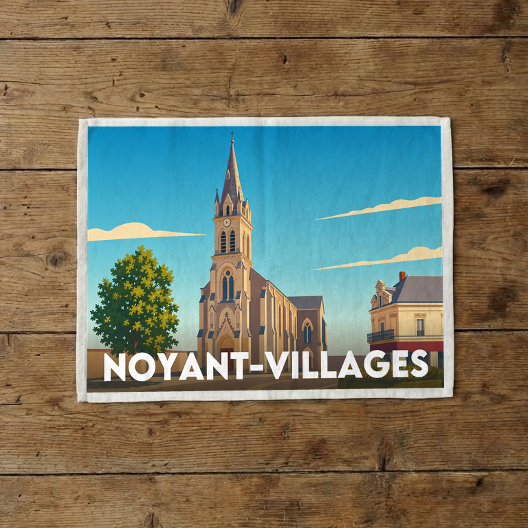 Torchon souvenir de la ville de Noyant-Villages avec une illustration stylisée.