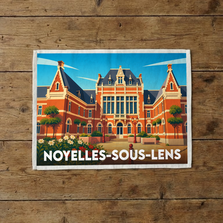 Torchon souvenir de la ville de Noyelles-sous-Lens illustrant son hôtel de ville dans un style graphique coloré.
