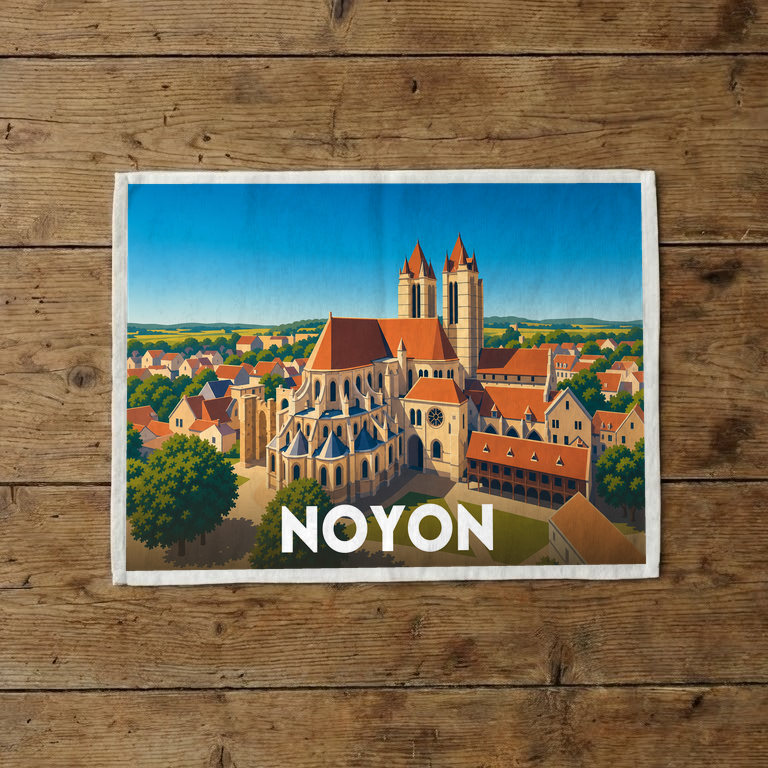 Torchon souvenir de la ville de Noyon avec une illustration stylisée de sa cathédrale.
