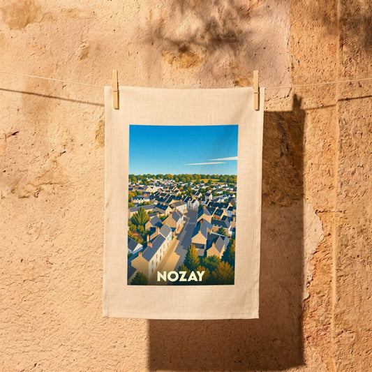 Torchon souvenir de la ville de Nozay illustré par un paysage urbain stylisé.
