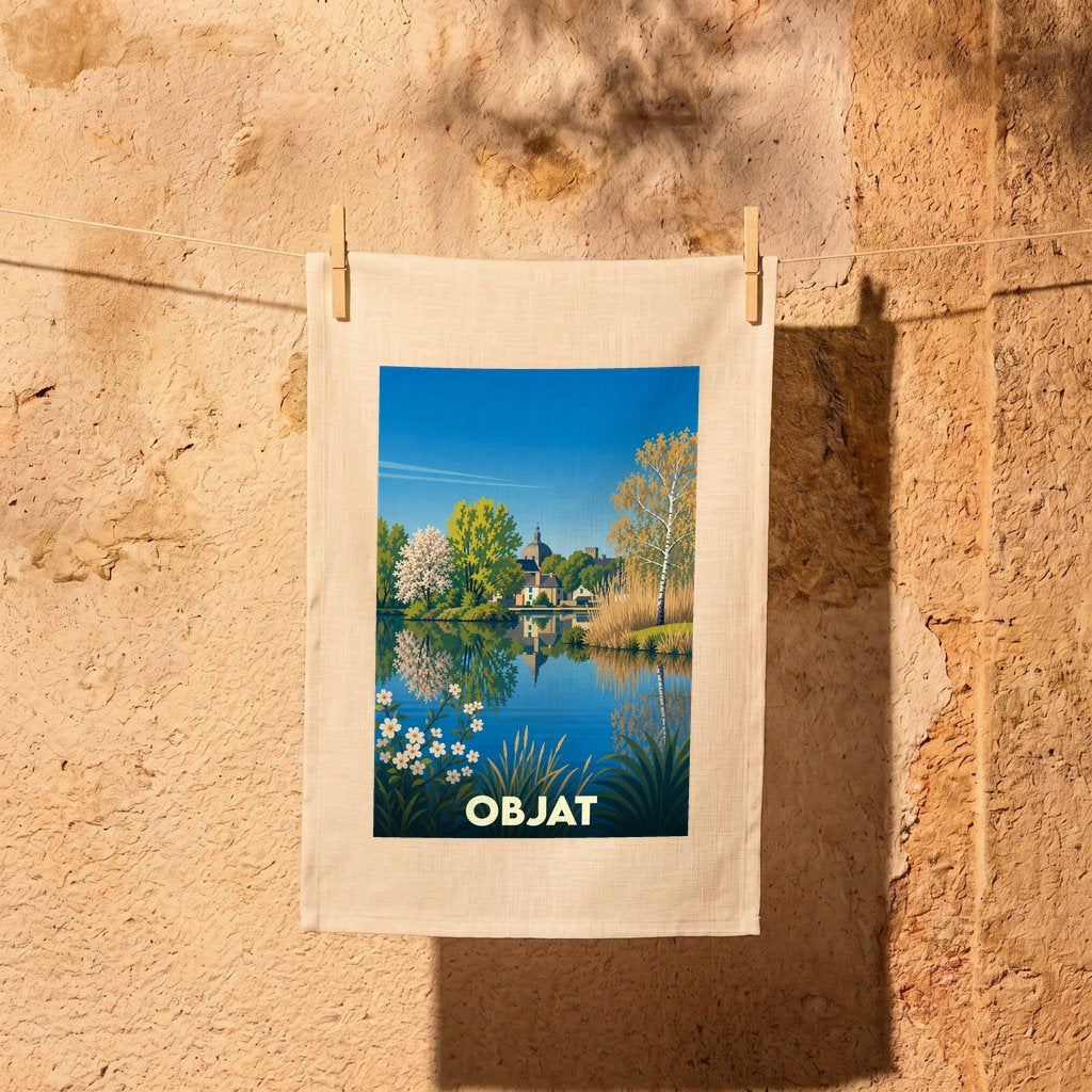 Torchon souvenir de la ville d'Objat avec une illustration stylisée d'un paysage lacustre.