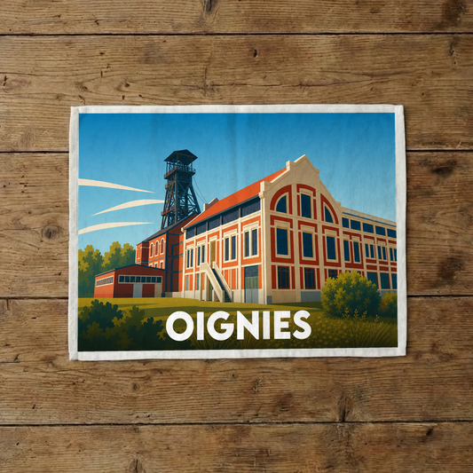 Torchon souvenir de la ville de Oignies avec une illustration stylisée d'un ancien site minier.