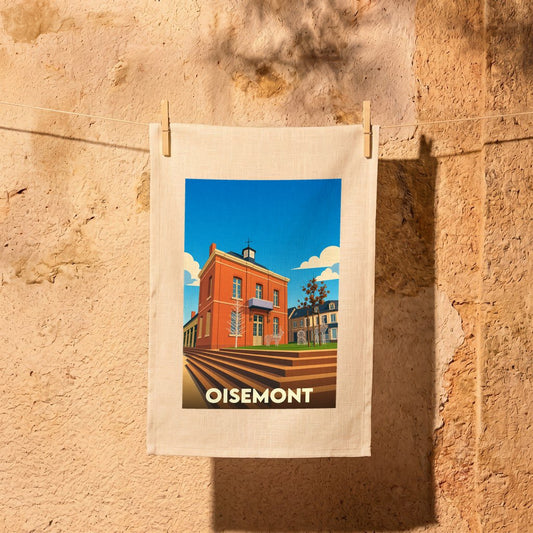 Torchon souvenir de la ville de Oisemont avec une illustration stylisée.