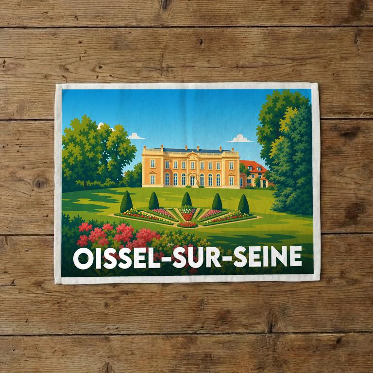 Torchon souvenir de la ville d'Oissel-sur-Seine avec une illustration stylisée d'un château et de ses jardins.