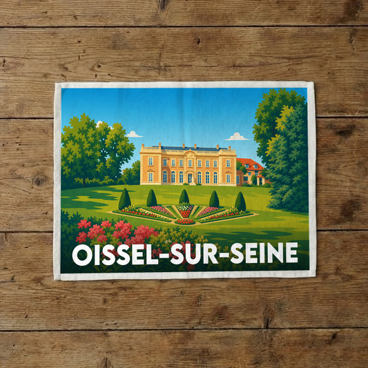 Torchon souvenir de la ville d'Oissel-sur-Seine avec une illustration stylisée d'un château et de ses jardins.