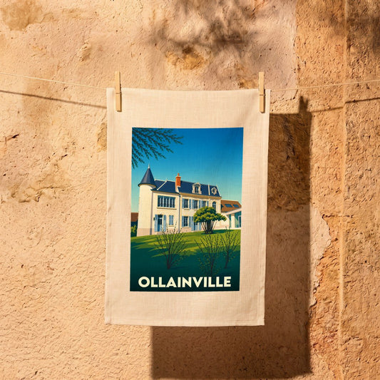 Torchon souvenir de la ville d'Ollainville avec une illustration stylisée d'une demeure bourgeoise.