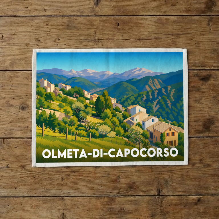 Torchon souvenir de la ville d'Olmeta-di-Capocorso avec une illustration stylisée de son paysage.