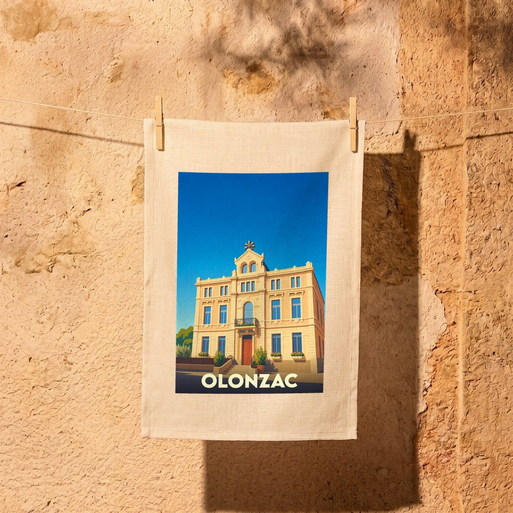 Torchon souvenir de la ville d'Olonzac avec une illustration stylisée d'un bâtiment remarquable sous un ciel bleu.