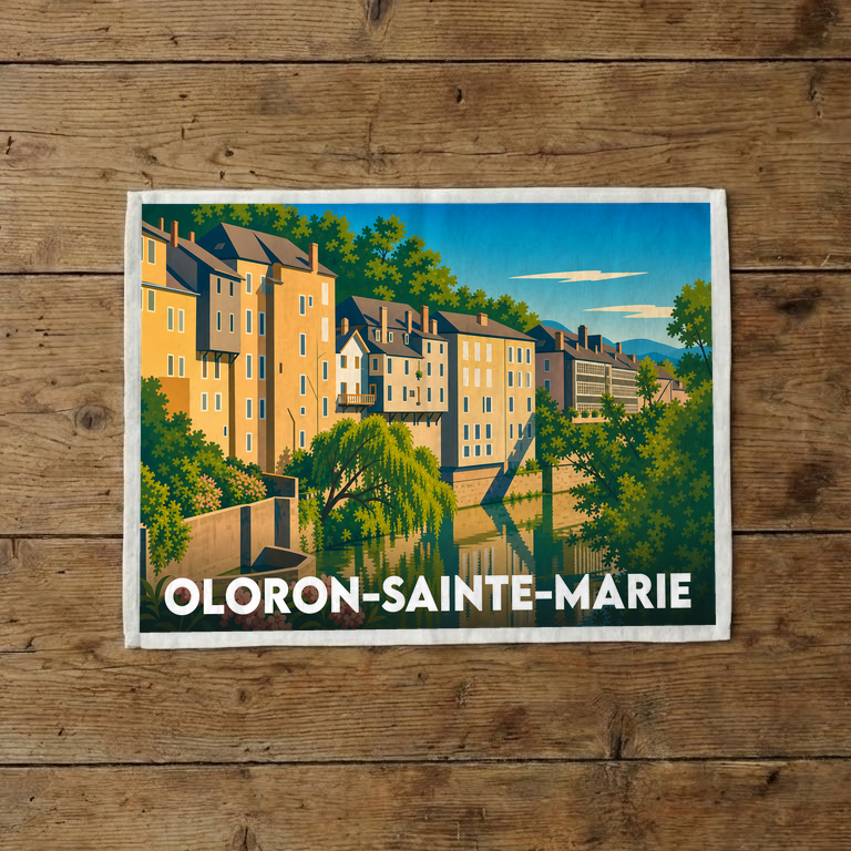 Torchon souvenir de la ville de Oloron-Sainte-Marie illustrant ses maisons typiques au bord de l'eau.