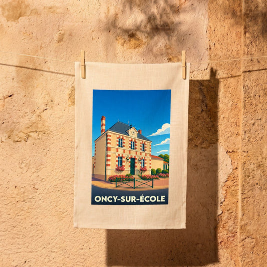 Torchon souvenir de la ville de Oncy-sur-École avec une illustration stylisée.