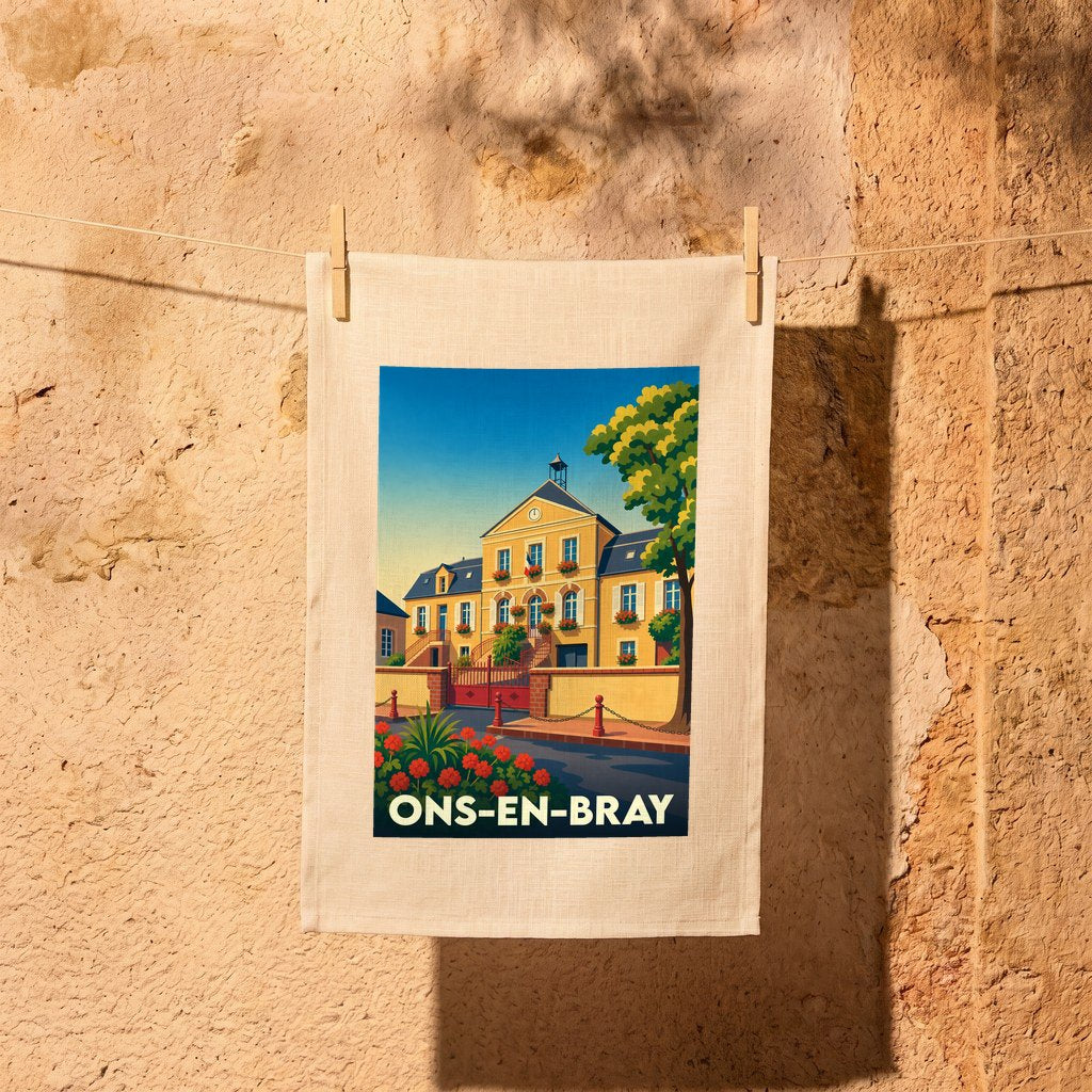 Torchon souvenir de la ville de Ons-en-Bray avec une illustration stylisée de sa mairie.