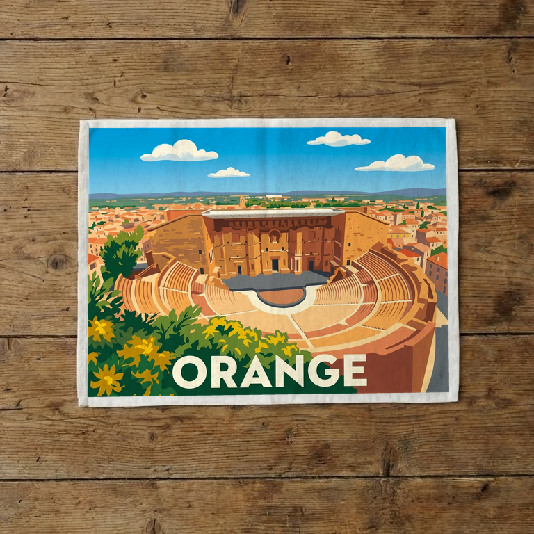 Torchon souvenir de la ville d'Orange avec une illustration stylisée de son théâtre antique.